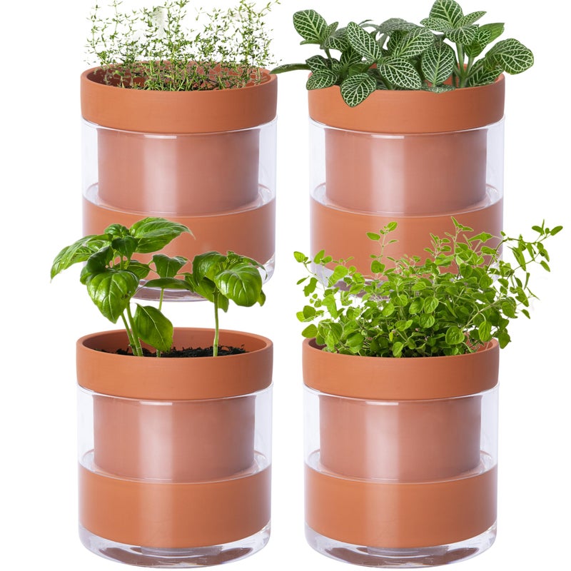 Phoenix Vine 4 Inch Self Watering Planter Pot, Terracotta Clay Pot with Glass Reservoir for Indoor Plants, Herbs, Flowers, Set of 4, 52-A-E-4 - Image 1