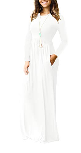 VIISHOW Women's Long Sleeve Loose Plain Maxi Dresses Casual Long Dresses with Pockets(White,Small) - Image 2