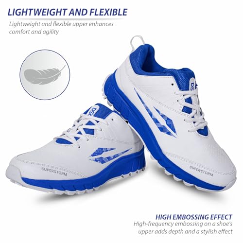 DSC Super Storm Cricket Shoes | Color: White/Blue | Size: 12 UK/ 13 US/ 46 EU | Material: PVC | For Men & Boys | Lightweight and Durable | Breathable Mesh | Multidirectional grip and improved traction - Image 2
