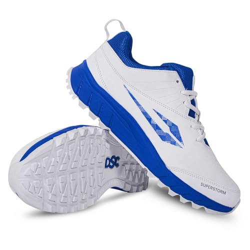 DSC Super Storm Cricket Shoes | Color: White/Blue | Size: 12 UK/ 13 US/ 46 EU | Material: PVC | For Men & Boys | Lightweight and Durable | Breathable Mesh | Multidirectional grip and improved traction - Image 1