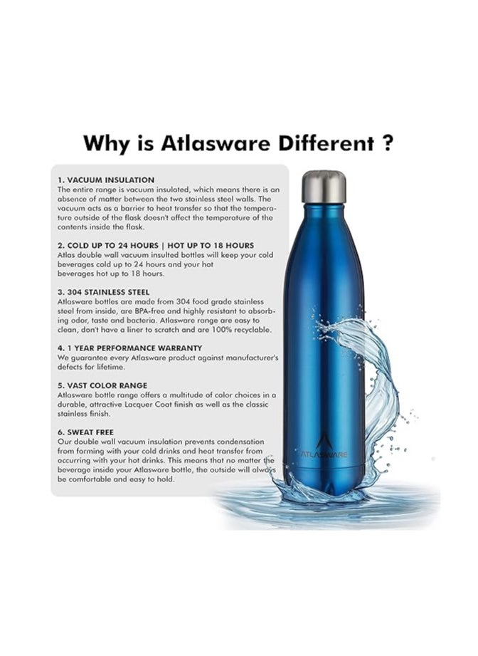 Atlasware Atlasware Stylish Stainless-Steel Vacuum Dark Blue Water Bottle, 1000 ML| |Double Wall Vacuum Flasks, Leakproof Bottle | 4 to 5 Cups (1000 ml) | Color: Dark Blue  - Image 3