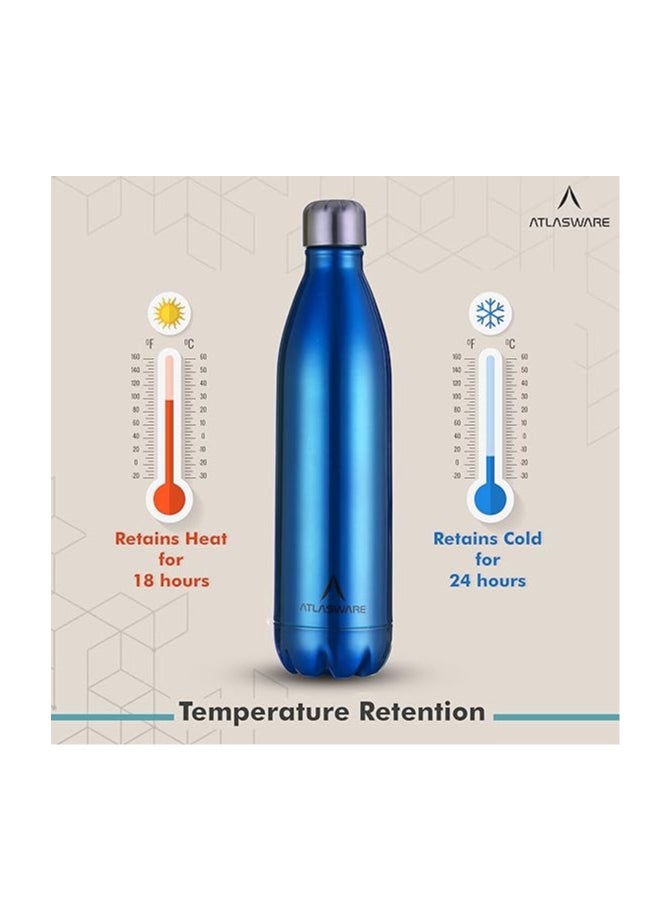 Atlasware Atlasware Stylish Stainless-Steel Vacuum Dark Blue Water Bottle, 1000 ML| |Double Wall Vacuum Flasks, Leakproof Bottle | 4 to 5 Cups (1000 ml) | Color: Dark Blue  - Image 4