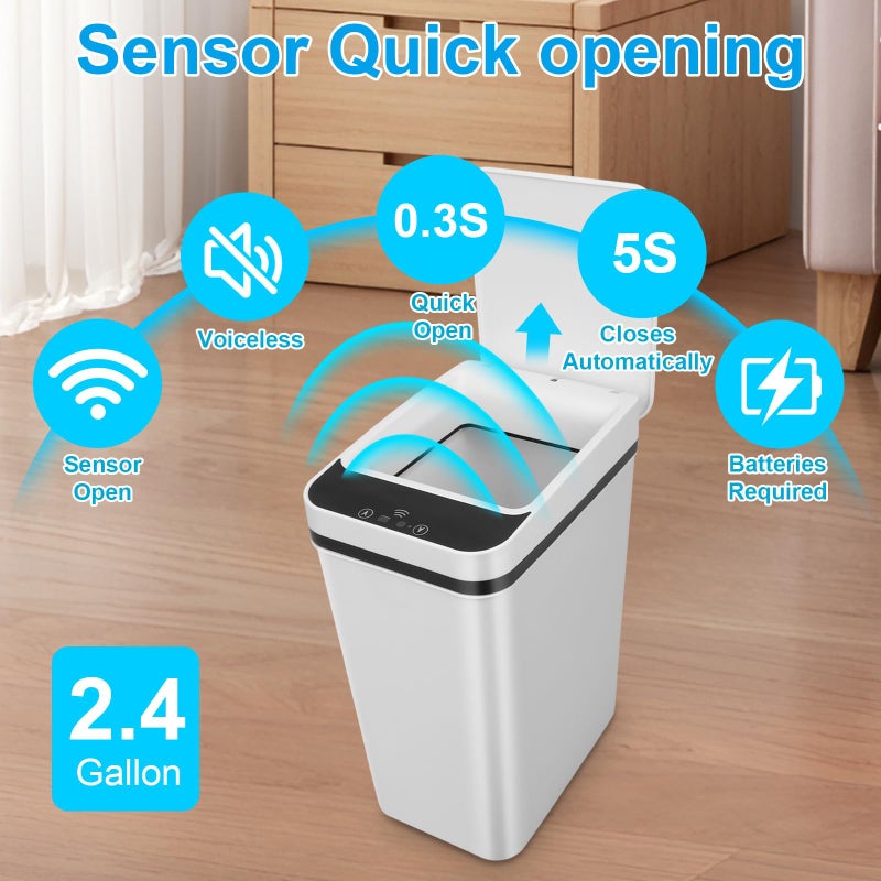 QSFWCSM 2 Pack Bathroom Trash can,Smart Touchless Trash Can,Automatic Motion Sensor Trash Bin with Lid,2.4 Gallon Garbage Can, Kitchen, Bathroom, Office, Bedroom Trash can (White+White) - Image 5