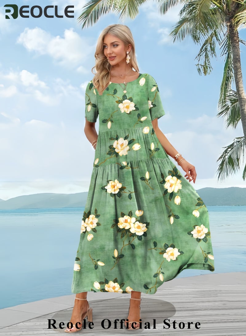 ريوكل فستان نسائي كاجوال فضفاض مزين بالزهور البوهيمية مع جيوب وأكمام قصيرة وطويل ماكسي صيفي مناسب للشاطئ EJF - Image 4