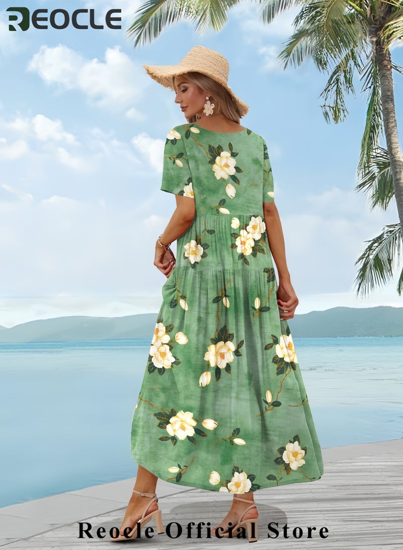 ريوكل فستان نسائي كاجوال فضفاض مزين بالزهور البوهيمية مع جيوب وأكمام قصيرة وطويل ماكسي صيفي مناسب للشاطئ EJF - Image 5