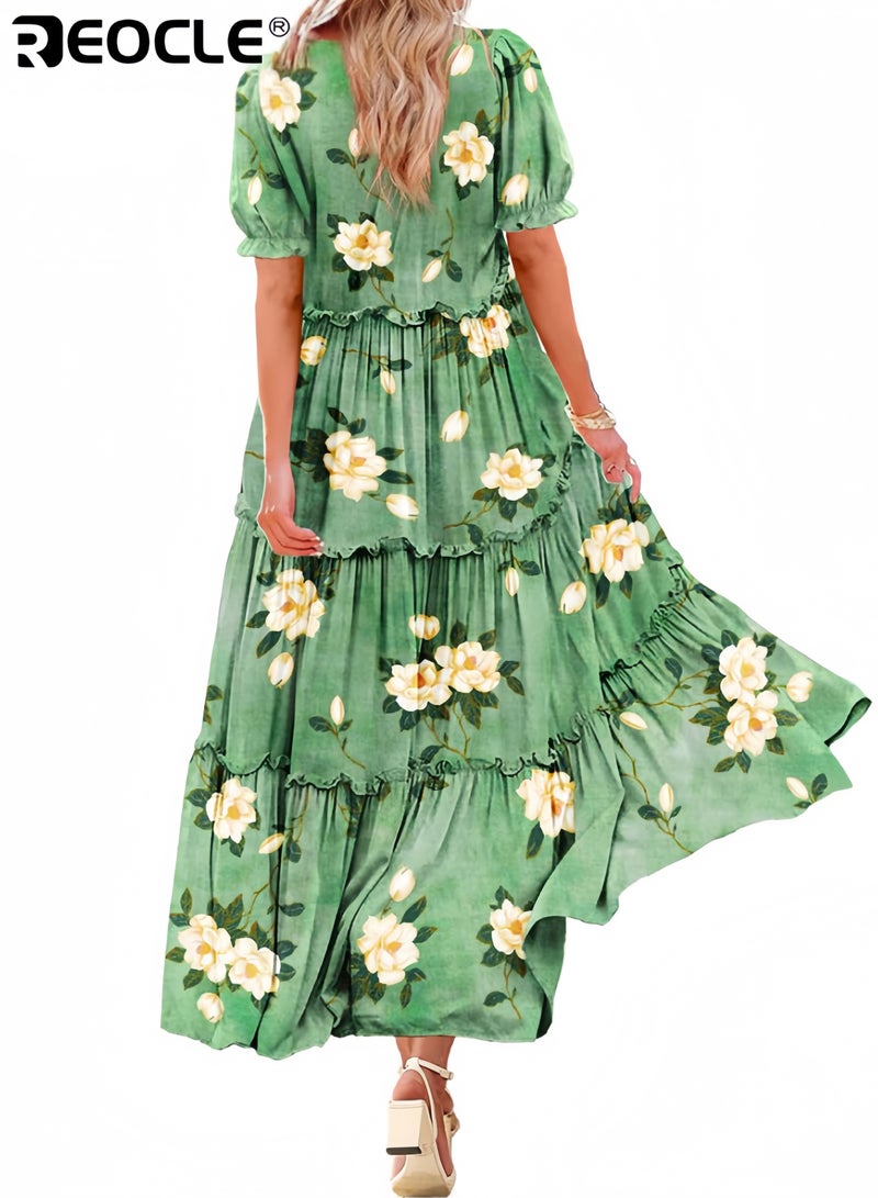 ريوكل فستان نسائي كاجوال فضفاض مزين بالزهور البوهيمية مع جيوب وأكمام قصيرة وطويل ماكسي صيفي مناسب للشاطئ EJF - Image 3