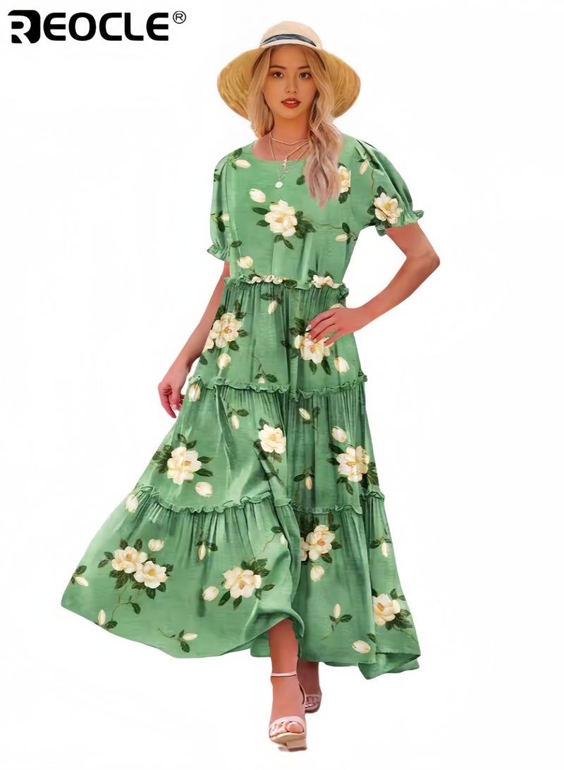 ريوكل فستان نسائي كاجوال فضفاض مزين بالزهور البوهيمية مع جيوب وأكمام قصيرة وطويل ماكسي صيفي مناسب للشاطئ EJF - Image 1