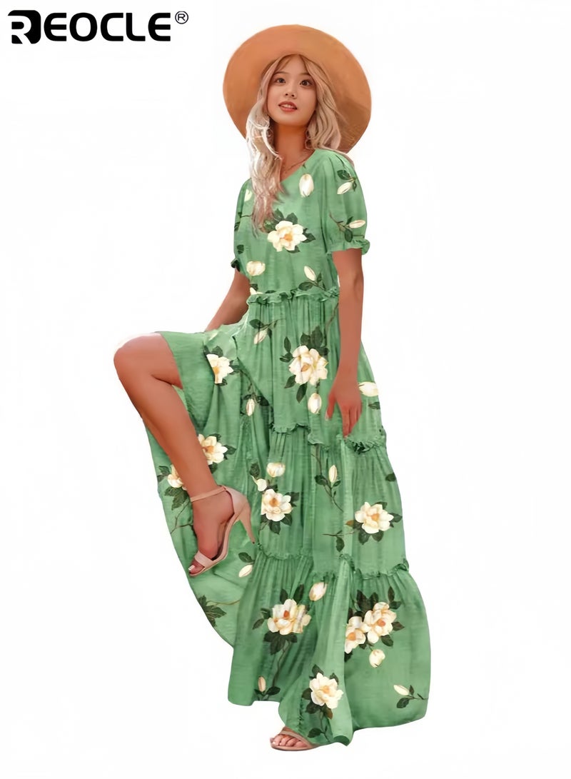 ريوكل فستان نسائي كاجوال فضفاض مزين بالزهور البوهيمية مع جيوب وأكمام قصيرة وطويل ماكسي صيفي مناسب للشاطئ EJF - Image 2