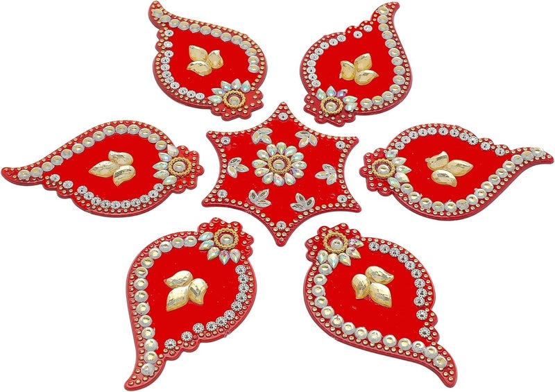 Aditri Creation Decorative Floor Rangoli Leaf Designer Reusable Small Acrylic Rangoli Indian Traditional Festival Laxmi Poojan New year Gifts Decorations Home Decor for Home Interior Floor (Size:- 10")(Red) - Image 1