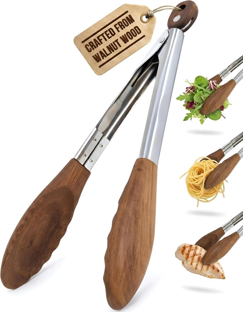Boxiki Kitchen 12-inch Wooden Tongs for Cooking, Serving, Grilling & Salad Tossing - Nonstick, Scratch-Resistant, Non-Toxic Walnut Wood, Brown - Image 1