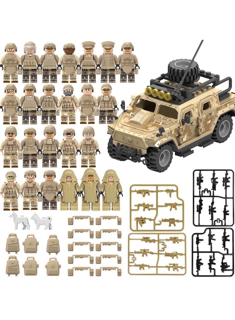مجموعة مكعبات البناء العسكرية لسيارة الشرطة دمية الشرطة ألعاب تجميع الجسيمات الصغيرة (24 شخصية + سيارات بلون الصحراء) - Image 1