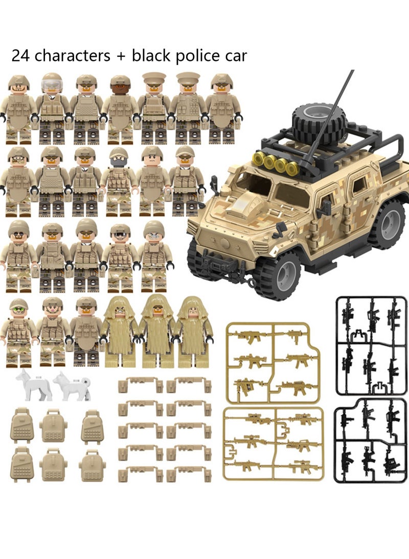 مجموعة مكعبات البناء العسكرية لسيارة الشرطة دمية الشرطة ألعاب تجميع الجسيمات الصغيرة (24 شخصية + سيارات بلون الصحراء) - Image 2