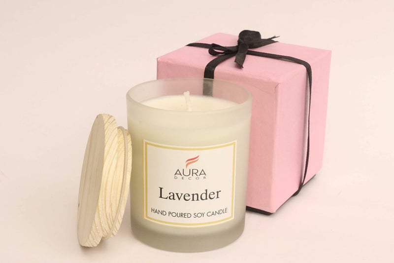 AURA DECOR AuraDecor Hand Poured Fragrance Soy Wax Glass Candle 150 gm (with Wooden Lid & Comes in a Gift Box) | 100% Organic Wax Candle with Essential Oils (Frosted_Lavender) - Image 5