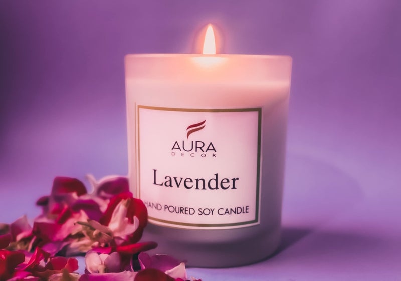 AURA DECOR AuraDecor Hand Poured Fragrance Soy Wax Glass Candle 150 gm (with Wooden Lid & Comes in a Gift Box) | 100% Organic Wax Candle with Essential Oils (Frosted_Lavender) - Image 4