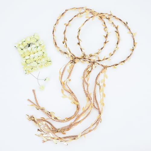 DDazzling Flower Crown Floral Wreath Headband Floral Garland Headbands Photo Props,Rose Flower Crown Kit, 3 Piece (Ivory and Gold) - Image 4