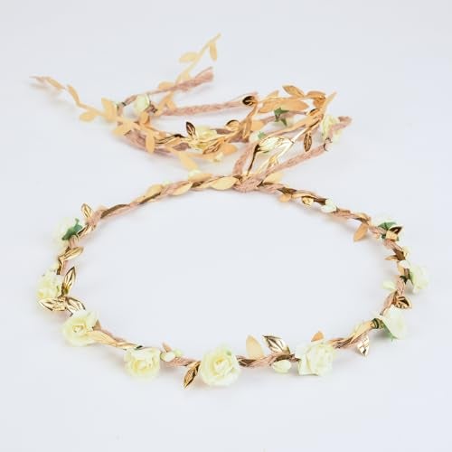 DDazzling Flower Crown Floral Wreath Headband Floral Garland Headbands Photo Props,Rose Flower Crown Kit, 3 Piece (Ivory and Gold) - Image 5