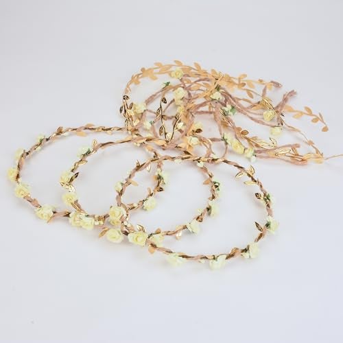 DDazzling Flower Crown Floral Wreath Headband Floral Garland Headbands Photo Props,Rose Flower Crown Kit, 3 Piece (Ivory and Gold) - Image 3
