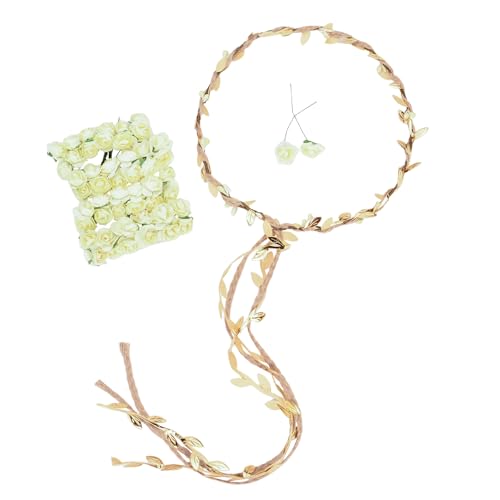 DDazzling Flower Crown Floral Wreath Headband Floral Garland Headbands Photo Props,Rose Flower Crown Kit, 3 Piece (Ivory and Gold) - Image 1