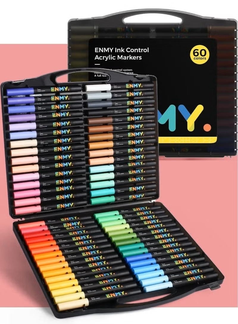 ENMY 60 Color Acrylic Paint Marker Set | Direct Liquid Acrylic Pens with Flexible Brush Tips & 3X Ink Capacity | Waterproof Washable Water-Based Paint Pens for Rock, Wood, Canvas, Glass, Paper, Fabric & DIY Art Crafts | Vibrant Pigments for Artists - Image 1