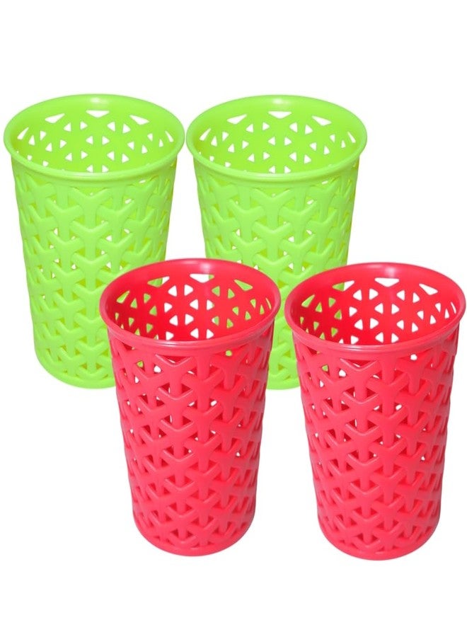 MORVI Linea Small Round Plastic Multipurpose Organizer For Kitchen, Bathroom, Salon, Office|Stationery,Cutlery,Pen,Makeup Brushes Holder|Hanging Toothbrush Stand |Pack Of 4 | GREEN RED - Image 1
