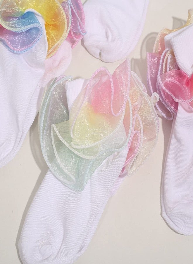 Hopply Toddler Girls Double Lace Socks Turn Cuff Shimmering Big Ruffle Rainbow Style Dress Lace Socks for Infant Kids - Image 2