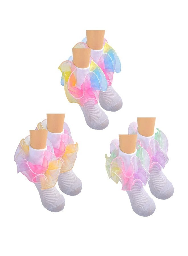 Hopply Toddler Girls Double Lace Socks Turn Cuff Shimmering Big Ruffle Rainbow Style Dress Lace Socks for Infant Kids - Image 1