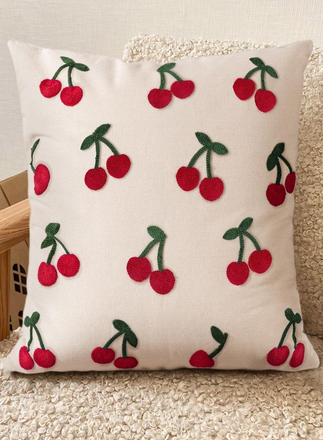 Kokaaee Embroidered Throw Pillow Cover 18x18 Inch - Summer Boho Decorative Pillow Cover with Zipper for Living Room Couch Sofa Bed Aesthetic Design Little Cherry Linen Cushion Pillowcase - Image 1