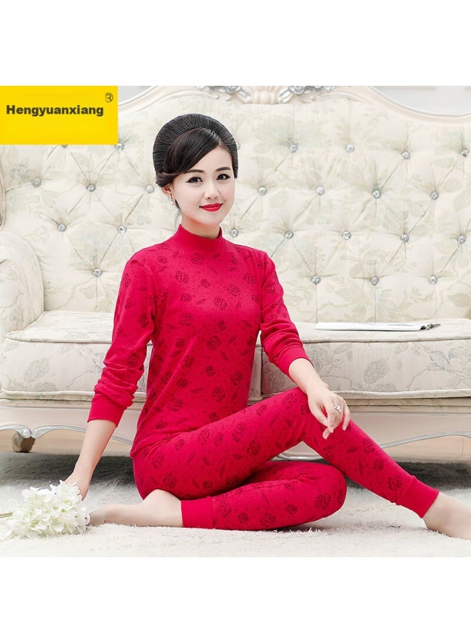 Hengyuanxiang Hengyuanxiang [best- 50,000 Sets] Women's Autumn Underwear Set, Pure Cotton Thermal Underwear For Middle-aged And Elderly, Warm Set, Rose Red - Mid-neck Women's Style  - Image 3