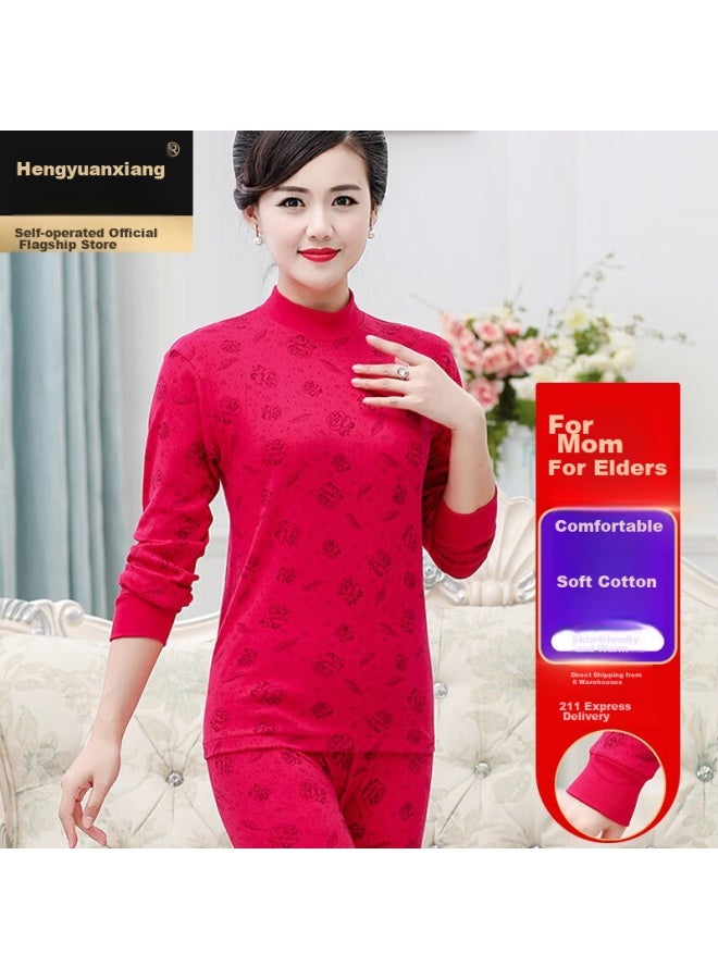 Hengyuanxiang Hengyuanxiang [best- 50,000 Sets] Women's Autumn Underwear Set, Pure Cotton Thermal Underwear For Middle-aged And Elderly, Warm Set, Rose Red - Mid-neck Women's Style  - Image 2