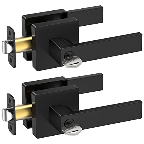 TICONN Matte Black Door Handle Heavy Duty, Reversible Square Door Lever for Bedroom, Bathroom, Rooms (Keyed Entry - Not Keyed Alike, 2 Pack) - Image 1