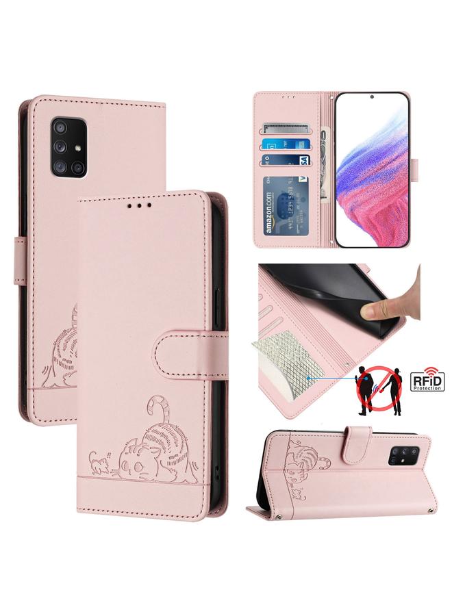 اس-توب جراب لهاتف Samsung Galaxy A71 5G من الجلد المنقوش بنمط قطة وفأر بتقنية RFID مع حبل تعليق - Image 1