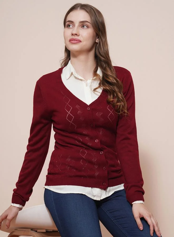globus Women Maroon Ribbed Hem Cardigan Sweater