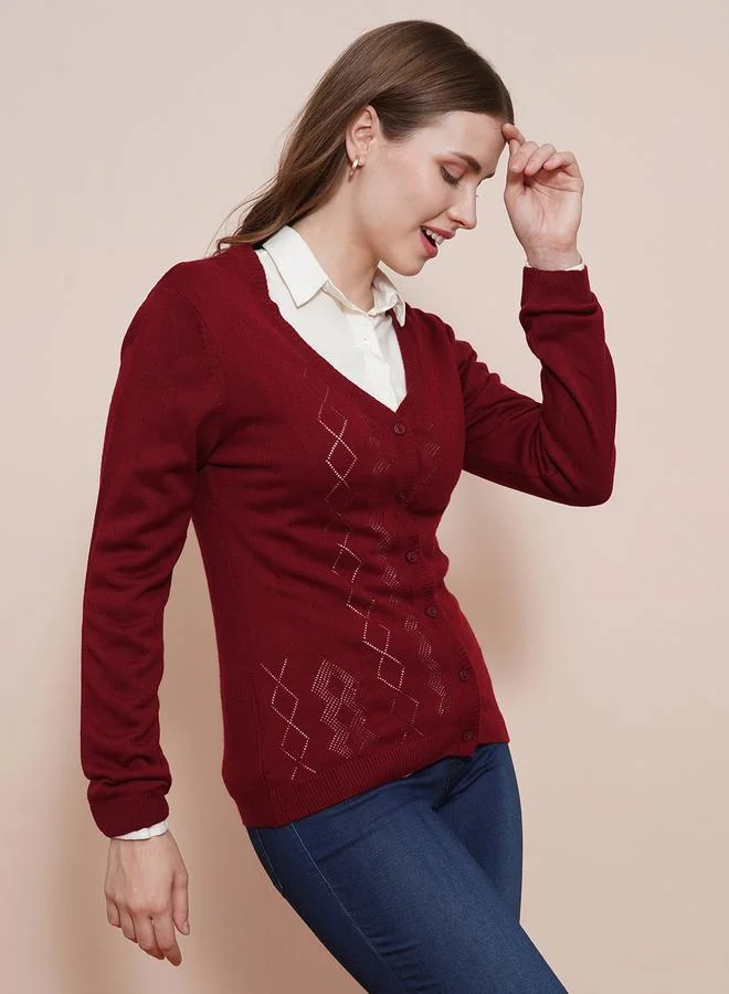 globus Women Maroon Ribbed Hem Cardigan Sweater