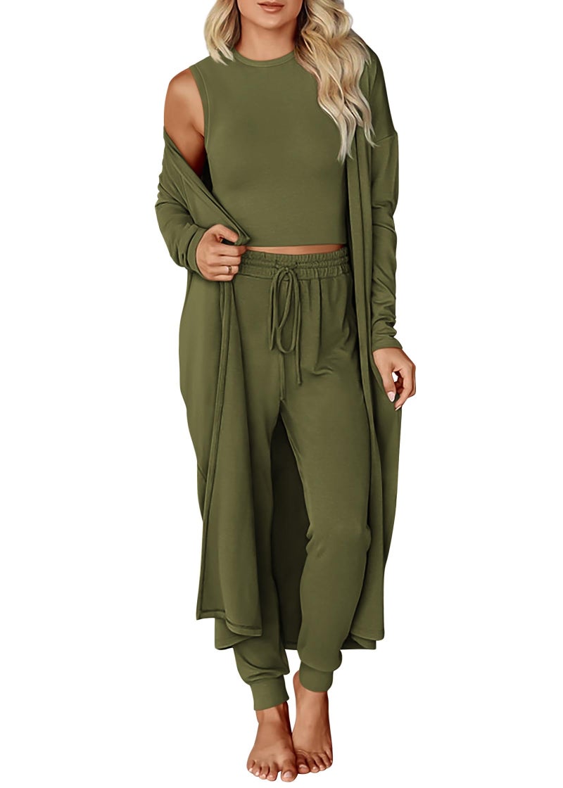KIRUNDO 3 Piece Lounge Sets for Women Airport Travel Vacation Outfits Spring Cardigan Matching Sleeveless Top Jogger Pants(Army Green, Large) - Image 1