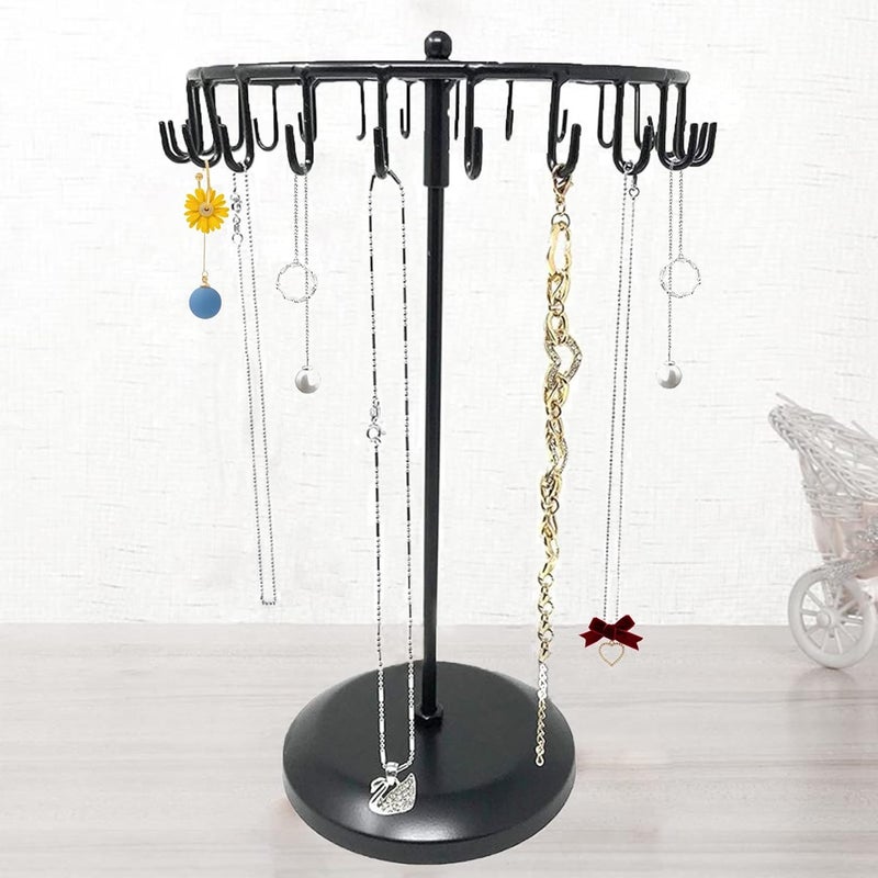 Qaeoity Rotating Necklace Holder Jewelry Organizer Display Stand 15.7-Inch with 23 Hooks (long-black) - Image 5