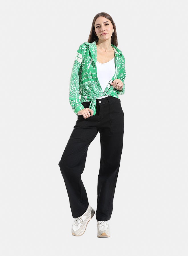 Andora Self patterned Turned Down Collar Blouse _ Green & White - Image 5