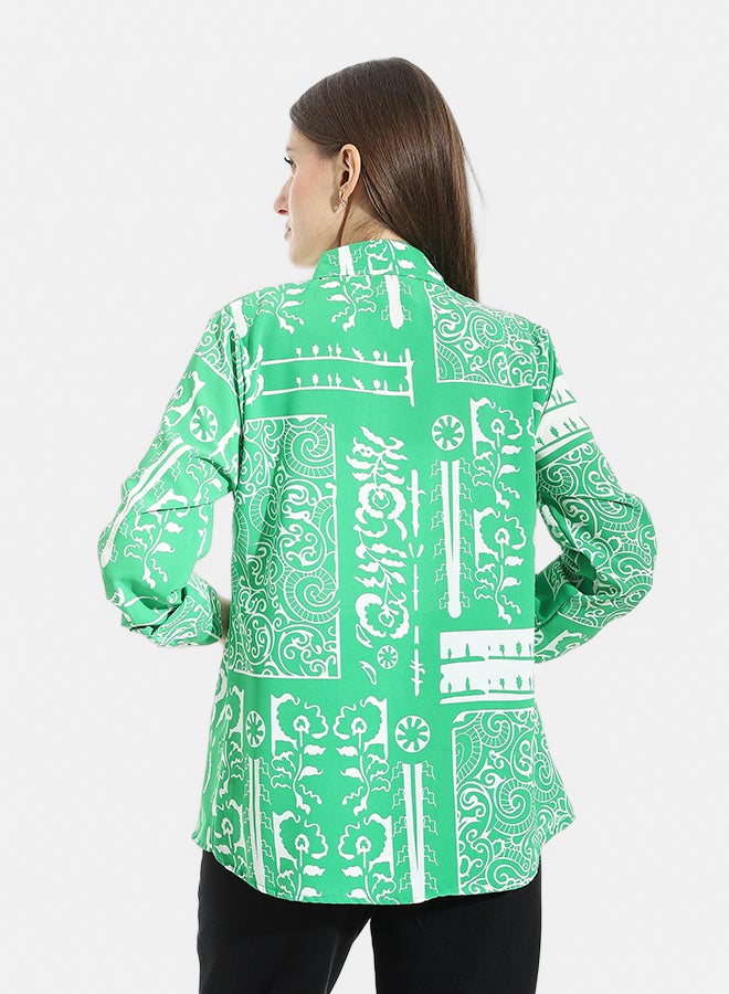 Andora Self patterned Turned Down Collar Blouse _ Green & White - Image 4