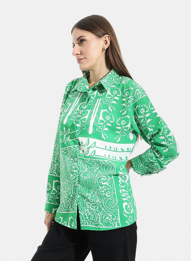 Andora Self patterned Turned Down Collar Blouse _ Green & White - Image 2