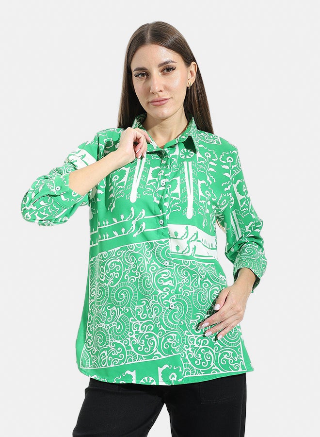 Andora Self patterned Turned Down Collar Blouse _ Green & White - Image 1
