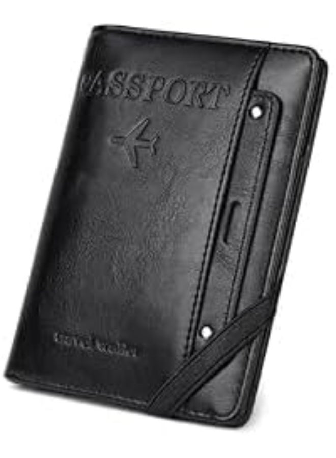 Passport Holder Protective Cover PU Leather Travel Document Holder Slim Wallet Accessories Organiser Case EU Passport SIM Pen Slot for Vaccination Card, Credit Card, ID, Boarding Pass (Black)