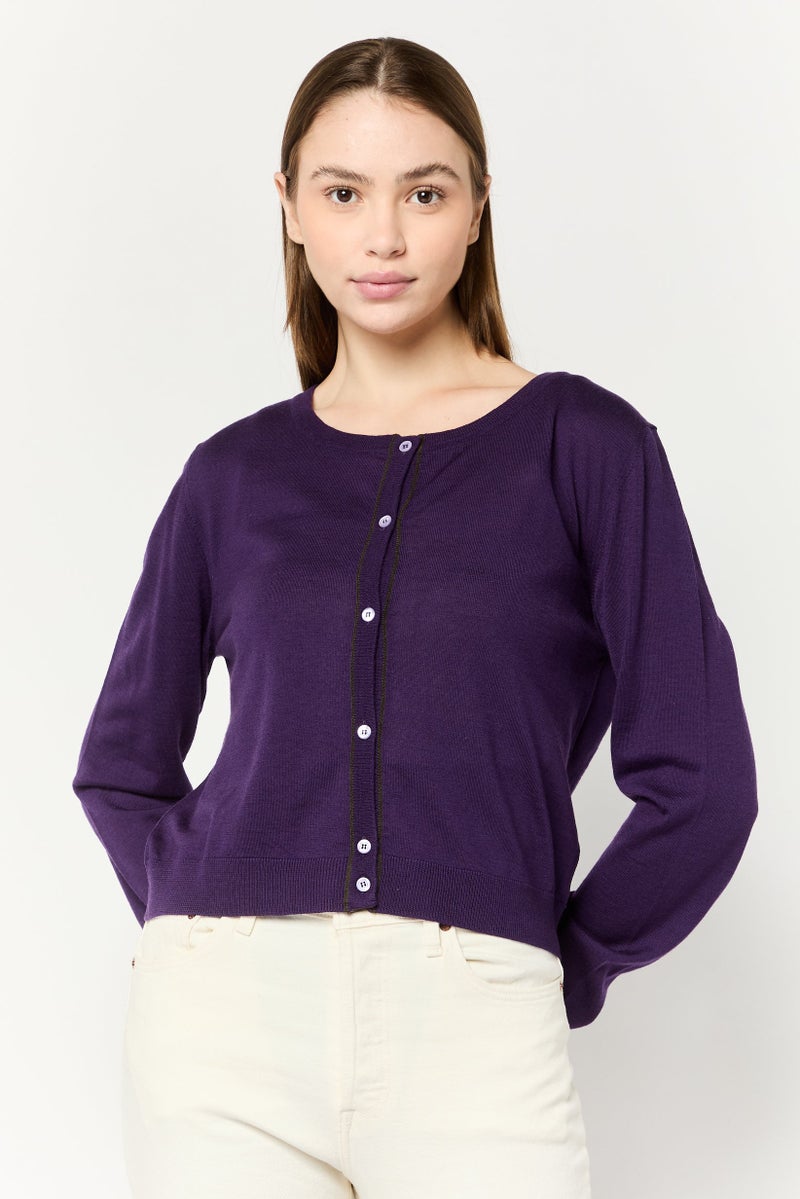 Harmont & Blaine كارديجان محبوك بأكمام طويلة وياقة دائرية للنساء، بنفسجي - Image 1