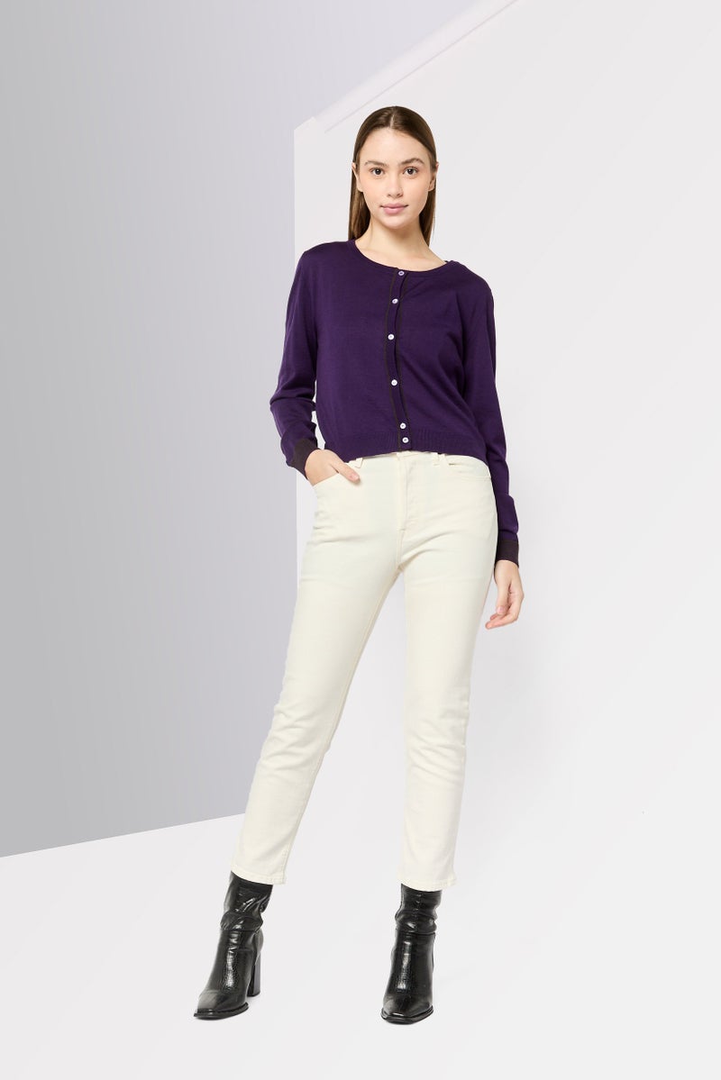 Harmont & Blaine كارديجان محبوك بأكمام طويلة وياقة دائرية للنساء، بنفسجي - Image 2