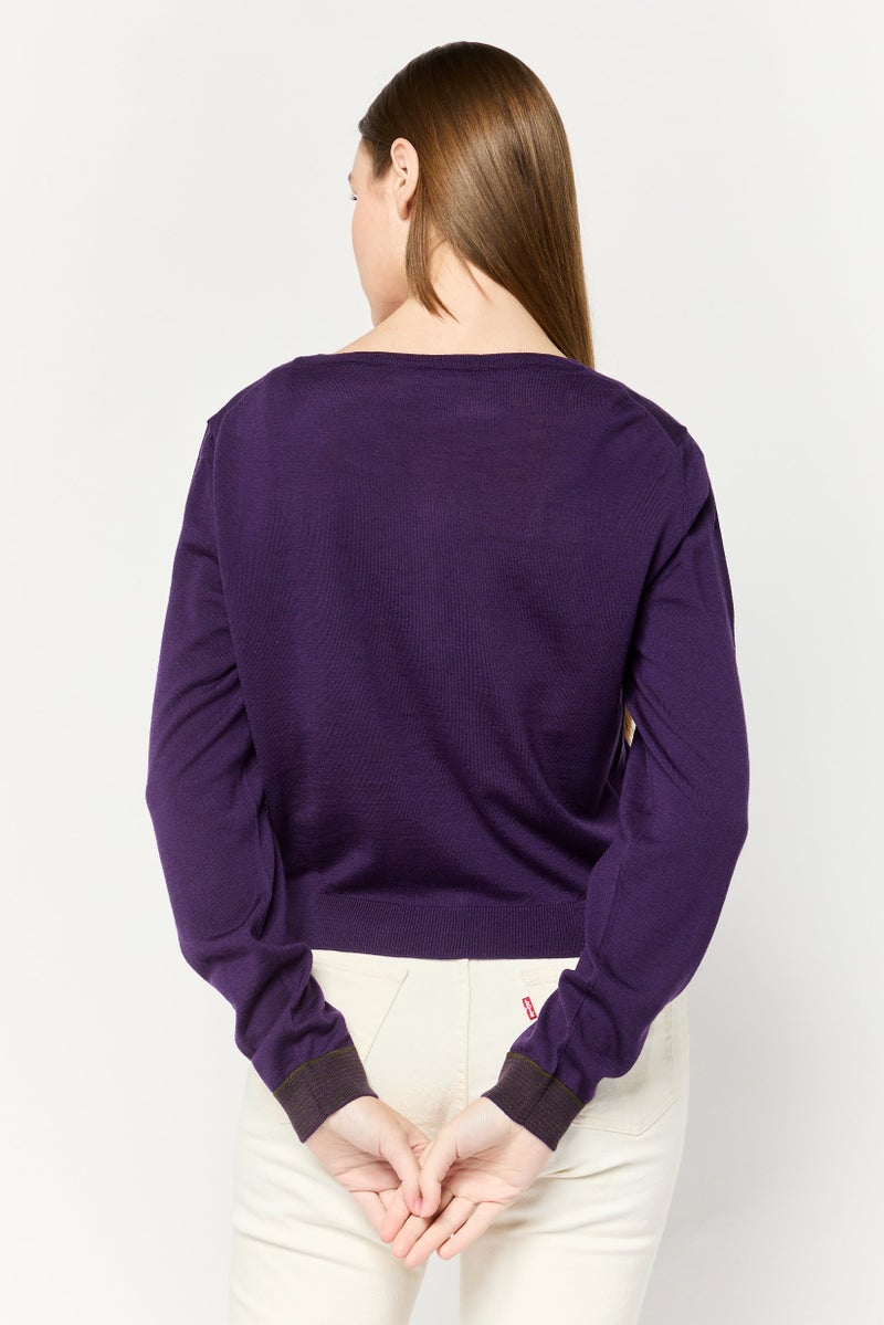 Harmont & Blaine كارديجان محبوك بأكمام طويلة وياقة دائرية للنساء، بنفسجي - Image 4