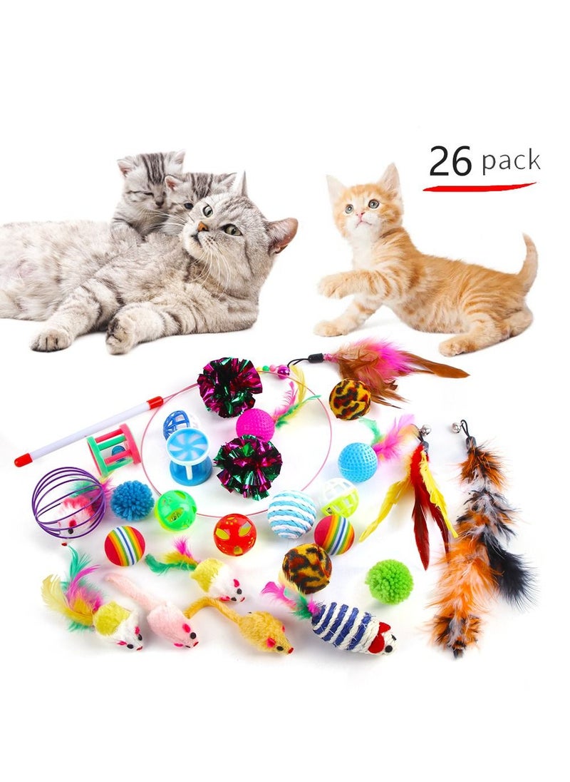 Arabest 26PCS Cat Toy with Bell Mouse Ball Crinkle Feather String, Toys for Indoor Cats, Interactive Toys Set for Cat Pet 