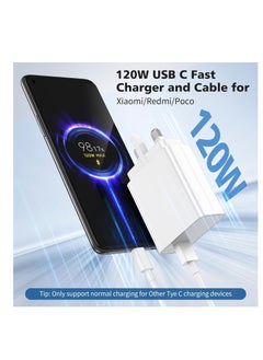 120W USB Plug Turbo Charger for Xiaomi Redmi Note 14 Pro+, USB Fast Charger Plug with 3A Fast Charging Cable 1M, Wall Charger UK Power Adapter for Mi 15 14 13 12X 12S 11T for Redmi Note 14 13 12 11 10s POCO X6 F5