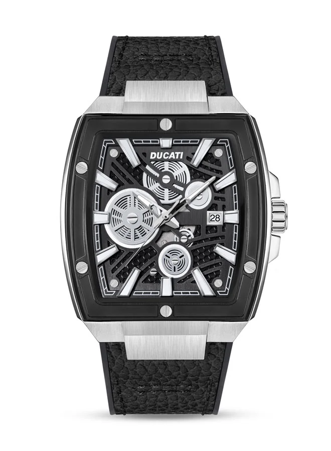 دوكاتي Ducati Men's Industrial Design Watch with 40mm Rectangular Case, Black Semi-Transparent Dial, 3 Hands & Date, Water Resistant, Black Leather Strap with Silicon Base