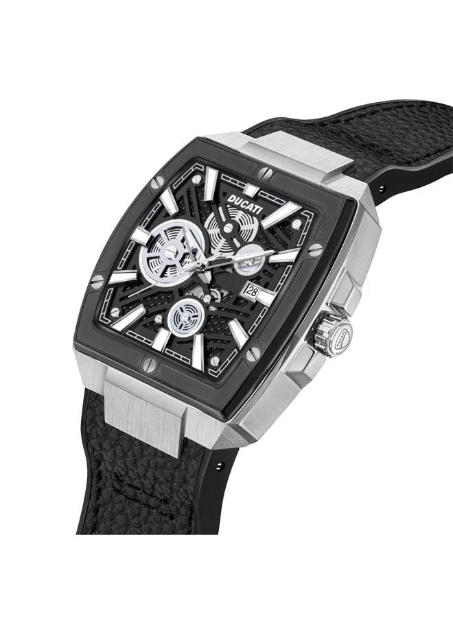 دوكاتي Ducati Men's Industrial Design Watch with 40mm Rectangular Case, Black Semi-Transparent Dial, 3 Hands & Date, Water Resistant, Black Leather Strap with Silicon Base