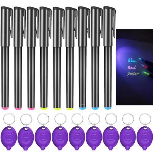 Daemson Invisible Ink Pen Spy Pen with 9 PCS Mini UV LED Keychain Flashlight Disappearing Ink Magic Pens with Black Light Markers for Secret Notes Fit for Christmas Halloween Holiday Gifts 9 PCS - Image 1