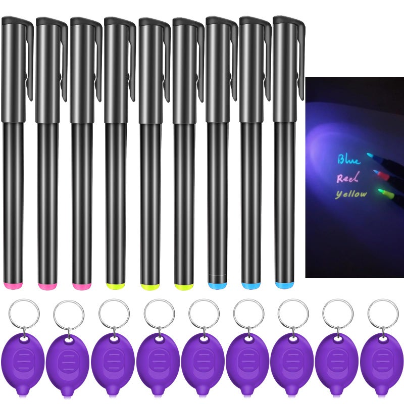 Daemson Invisible Ink Pen Spy Pen with 9 PCS Mini UV LED Keychain Flashlight Disappearing Ink Magic Pens with Black Light Markers for Secret Notes Fit for Christmas Halloween Holiday Gifts 9 PCS - Image 2