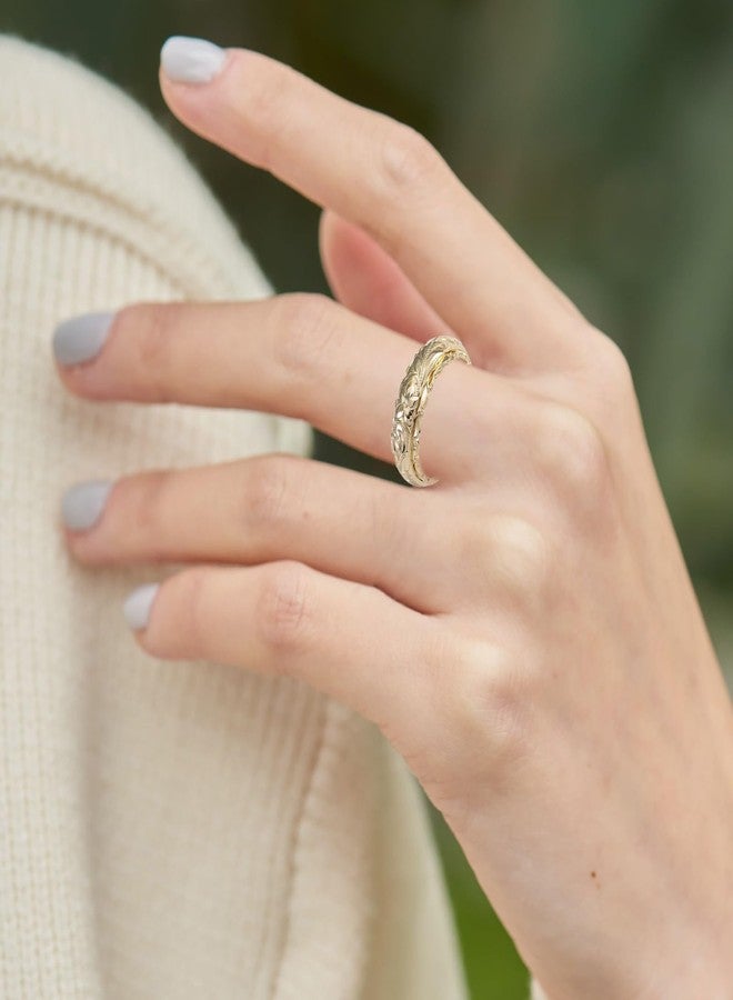 BlingNook Dainty Engraved Plumeria Flower Ring, 14K Gold Plated Hawaiian Princess Plumeria Flower Scroll Promise Ring Stackable Wedding Engagement Band Jewelry for Women or Men, 10, Metal, No Gemstone - Image 3